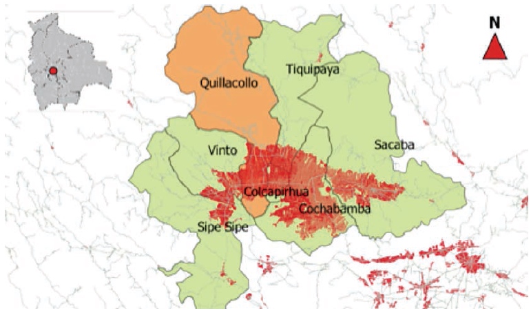 Emplazamiento del municipio de
Quillacollo y el área urbana en la Región 

Metropolitana Kanata
