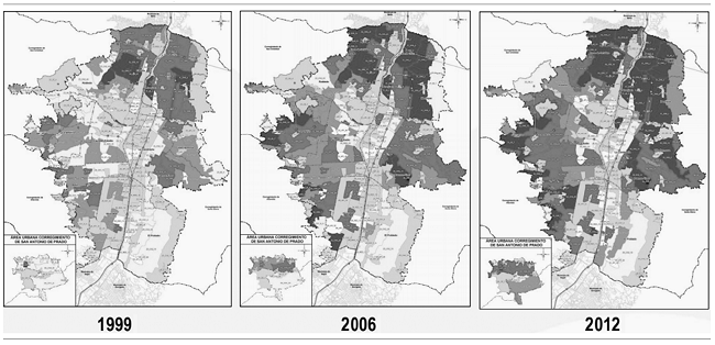 
Crecimiento de la densidad poblacional entre 1999 y 2012
