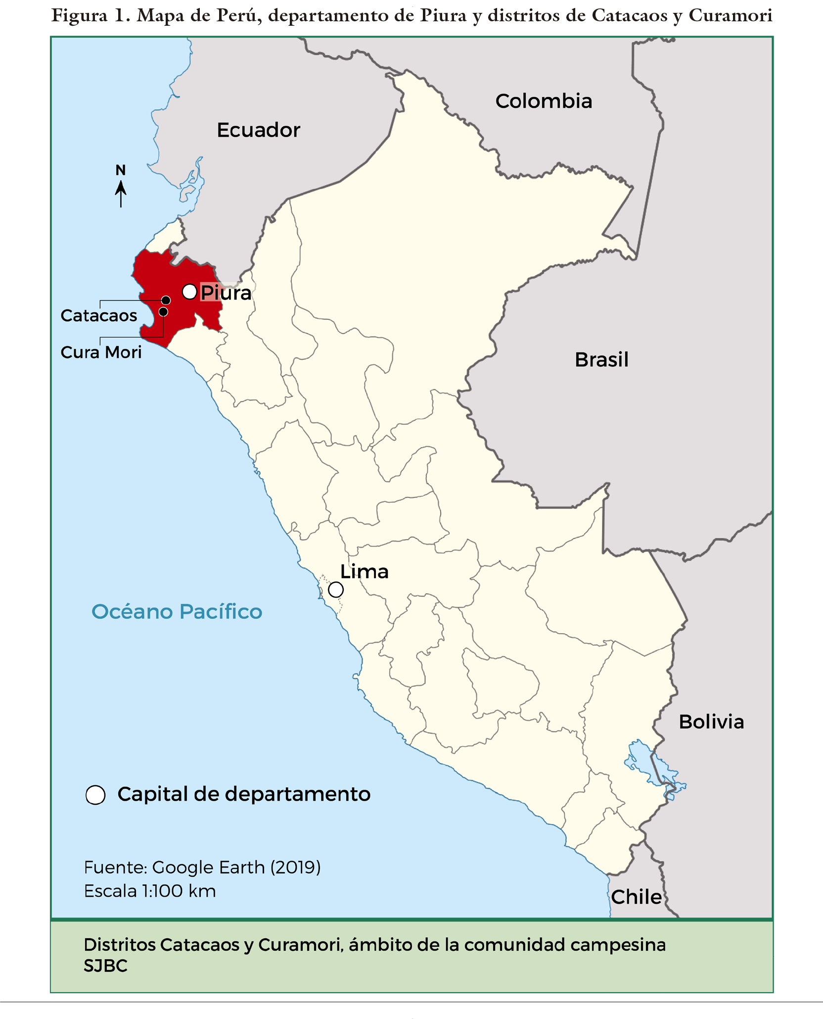 Mapa de Perú, departamento de Piura y distritos de Catacaos y Curamori