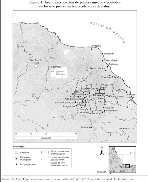 Área de recolección de palma camedor y poblados de los que provenían los recolectores de palma