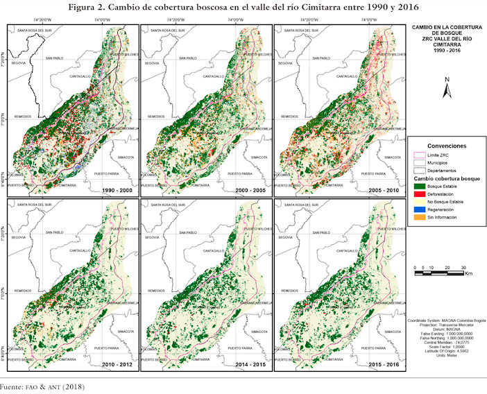 Cambio de cobertura boscosa en el valle del río Cimitarra entre 1990 y 2016