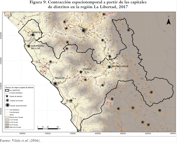 Contracción espaciotemporal a partir de las capitales de distritos en la región La Libertad, 2017