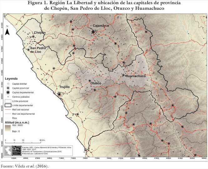 Región La Libertad y ubicación de las capitales de provincia de Chepén, San Pedro de Lloc, Otuzco y Huamachuco