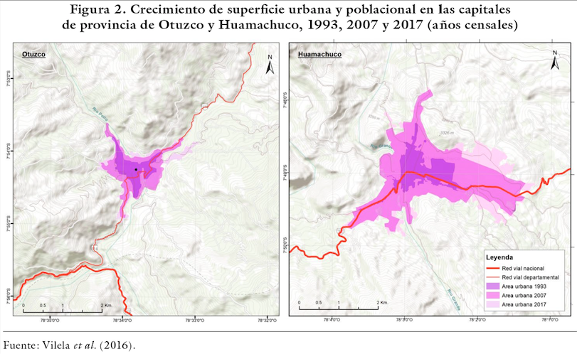 Crecimiento de superficie urbana y poblacional en las capitales de provincia de Otuzco y Huamachuco, 1993, 2007 y 2017 (años censales)