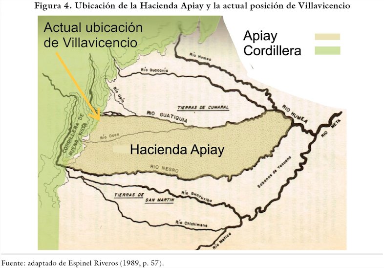 Ubicación de la Hacienda Apiay y la actual posición de Villavicencio