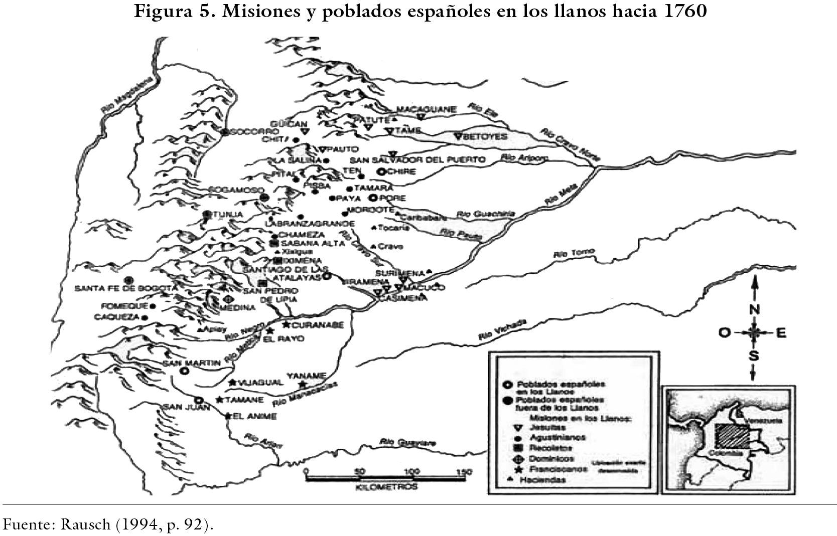 Misiones y poblados españoles en los llanos hacia 1760