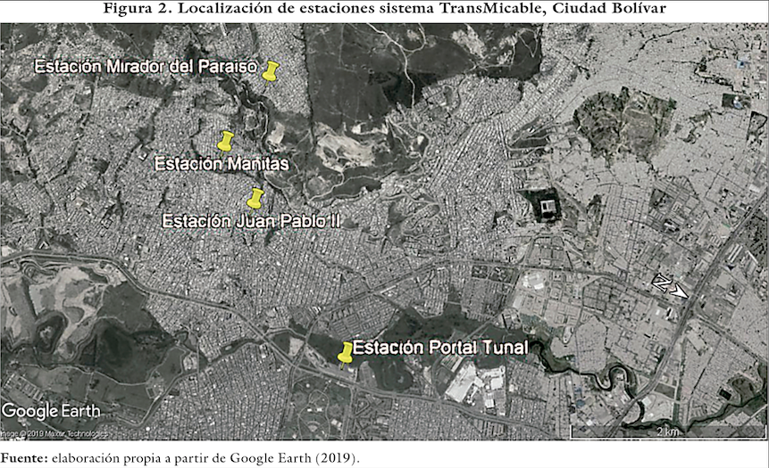Localización de estaciones sistema TransMicable, Ciudad Bolívar
