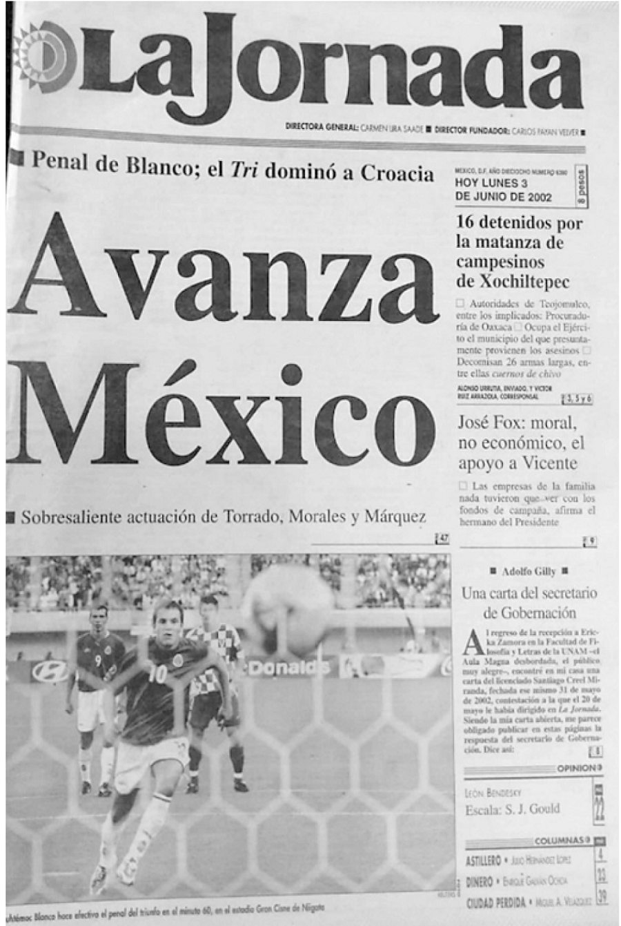 Primera plana del diario “La Jornada” del lunes 03 de junio de 2002