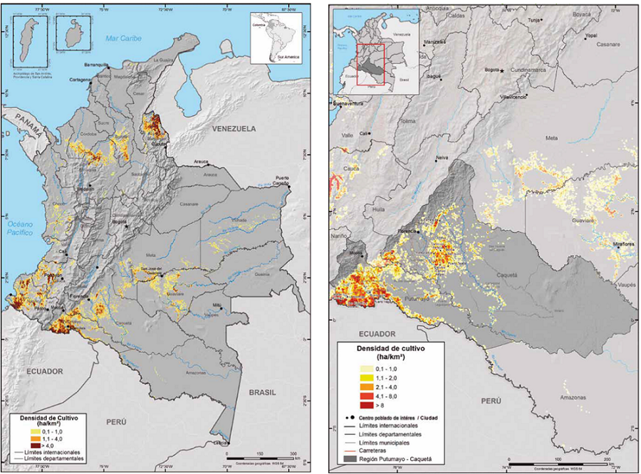 Densidad de cultivos en Colombia y en el Putumayo, 2016