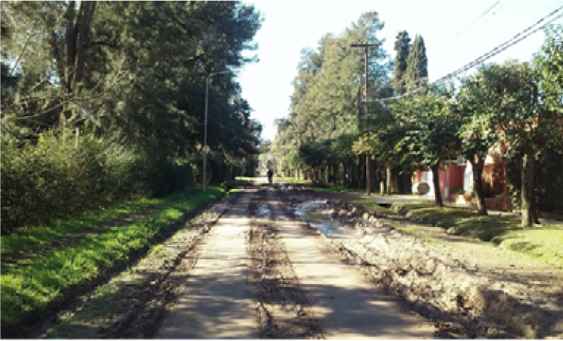 Camino embarrado luego de una lluvia en un barrio residencial