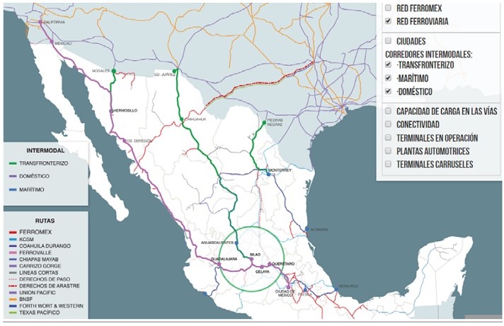 Esquema ilustrativo de líneas ferroviarias en México