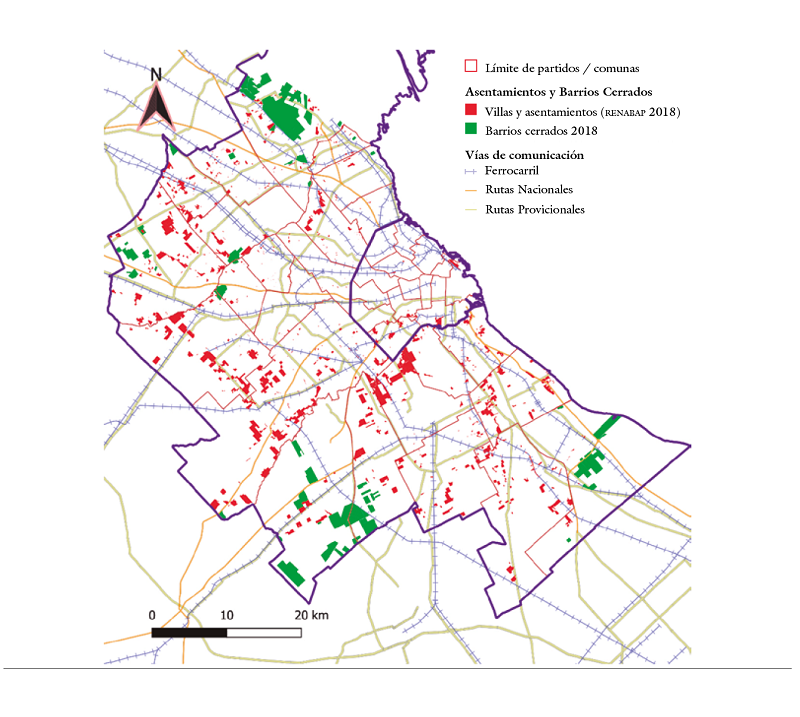 Distribución de vías de transporte y ubicación de asentamientos y barrios cerrados en el GBA
