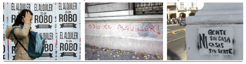 Afiches y graffiti callejeros haciendo referencia a la vivienda en alquiler y la escasez de la vivienda asequible en Buenos Aires y Rosario, Argentina, 2020-2022