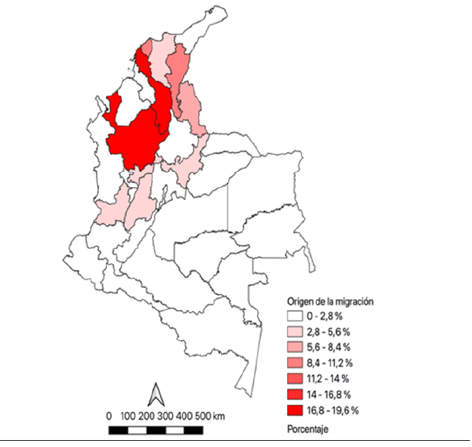 Departamento de origen de los migrantes entre 2000 y 2005