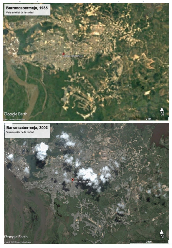 Vista satelital de Barrancabermeja en 1985 y 2002