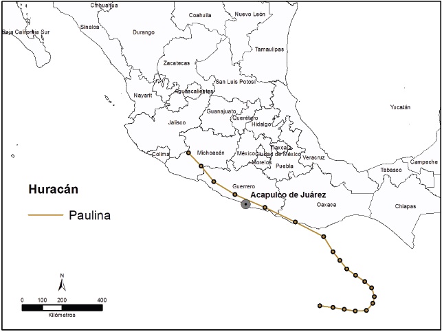 Trayectoria del hurac&aacute;n Pauline, 1997