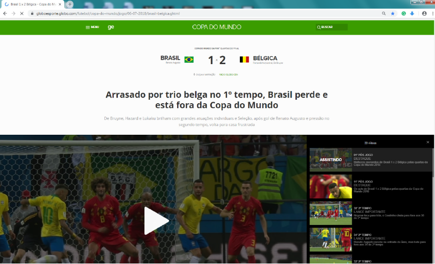 Página do Jogo Brasil x Bélgica no site do Globo Esporte.com