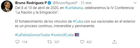 
Perfil oficial del canciller cubano, Bruno Rodríguez, en Twitter. Fecha: 31/01/2020
