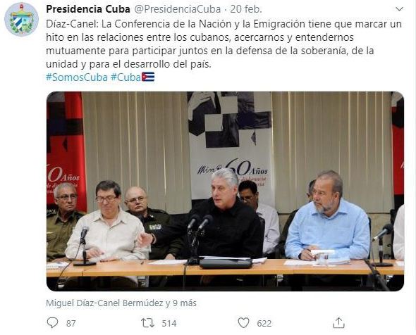 
Captura de pantalla del perfil oficial en Twitter de la Presidencia de la República de Cuba. Fecha: 20/02/2020

