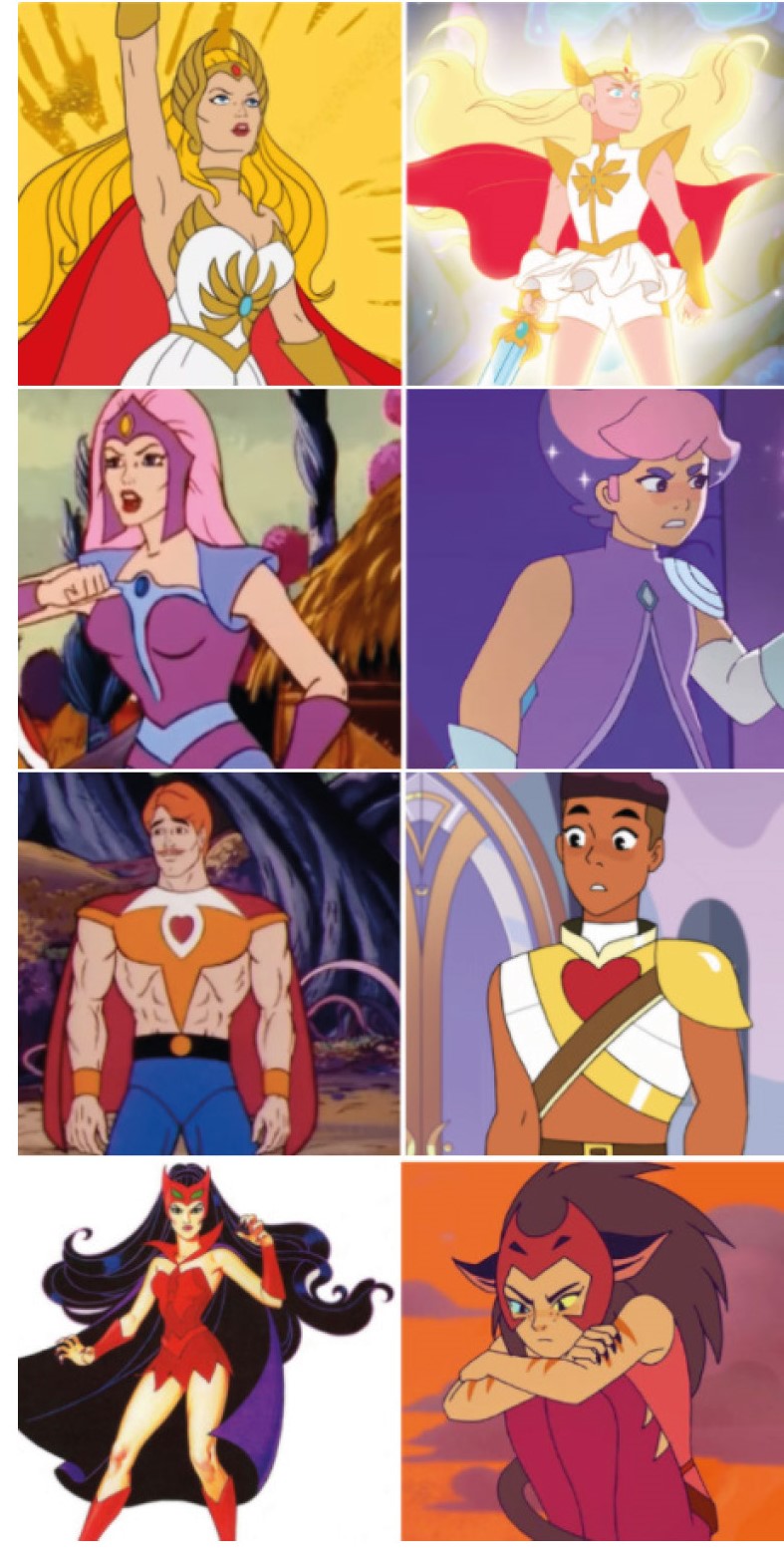 She-Ra, Cintilante, Arqueiro e Felina, respectivamente, em suas versões anos 80 (esquerda) e 2018 (direita)
