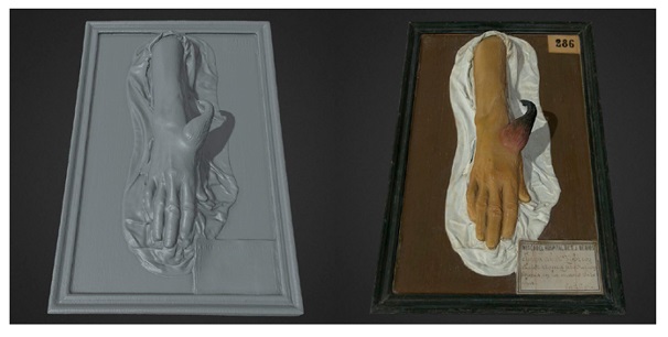 Modelo digitalizado utilizando un escáner de luz estructurada Artec Eva: malla 3D sin textura de color (izquierda); mismo modelo con textura aplicada (derecha)
