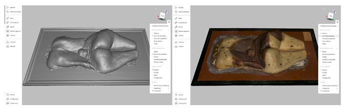 Procesamiento de datos en Artec Studio: malla poligonal (izquierda) y modelo 3D con textura de color