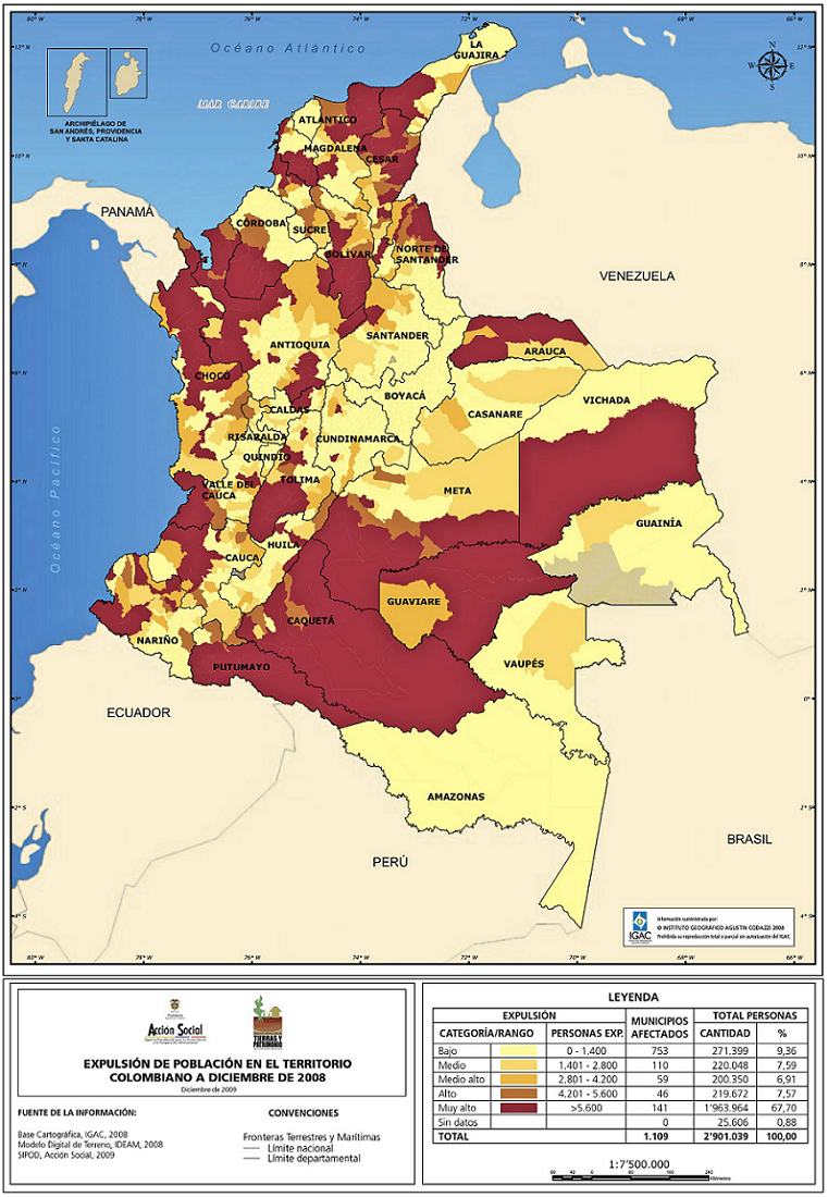 Expulsión de población desplazada en el territorio colombiano a diciembre de 2008