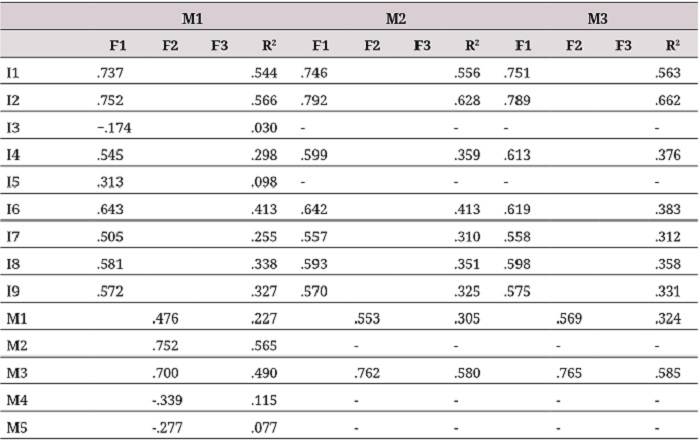 Confirmatory factor analysis, interfactorial correlations, and adjustment indices of the structural hypotheses