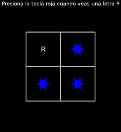 Captura
de pantalla de la primera fase del experimento Go/No-Go, en el que el estímulo Go es
la letra P