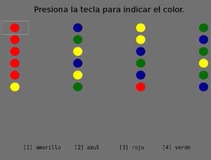 Captura
de pantalla de la primera fase del experimento Stroop
Victoria en el que se presentan los estímulos de colores y las opciones de
respuestas