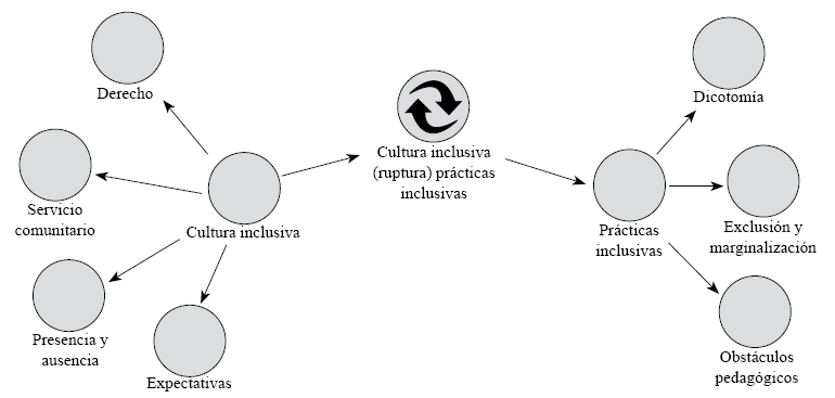 Categorías
principales y subcategorías emergentes, en las que se evidencia la ruptura
entre la percepción de la cultura y las prácticas inclusivas